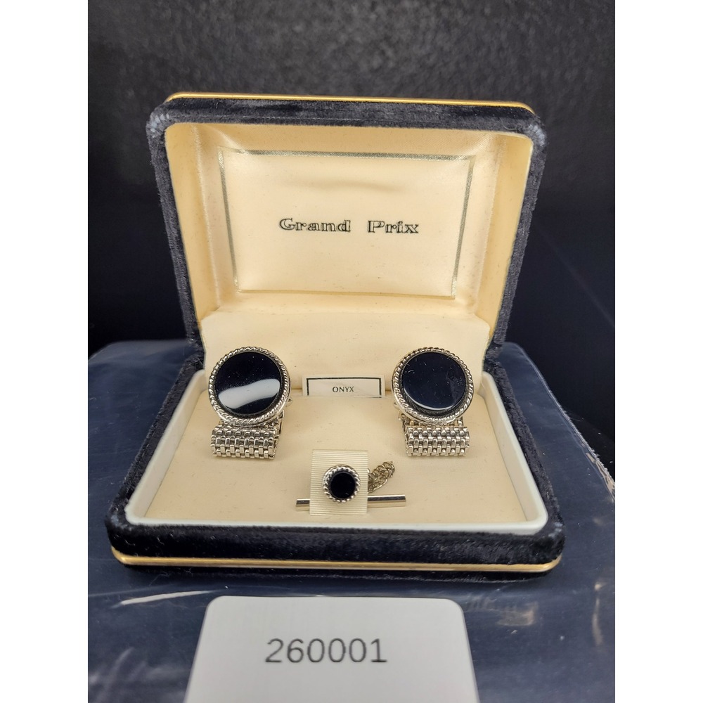 Grand Prix Cufflink Tie Tack Set Black Onyx Silver Tone Mesh Wrap 3 Piece Set